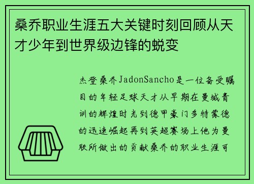 桑乔职业生涯五大关键时刻回顾从天才少年到世界级边锋的蜕变