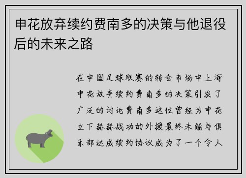 申花放弃续约费南多的决策与他退役后的未来之路